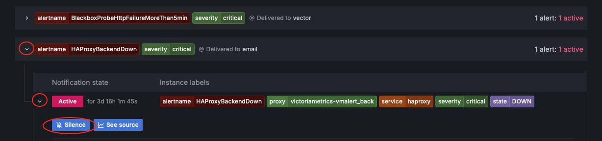 Создание silence из активного алерта