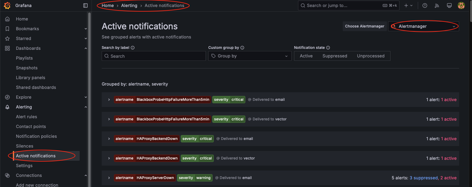 Просмотр перечня активных алертов