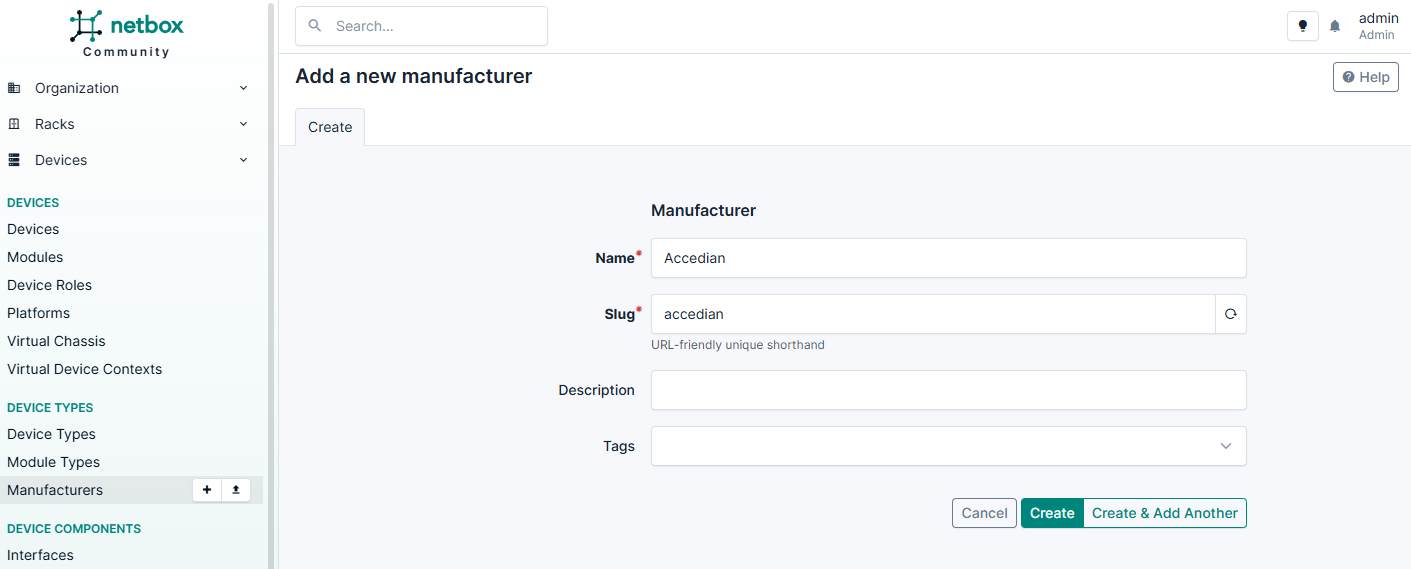 Добавление нового производителя в NetBox