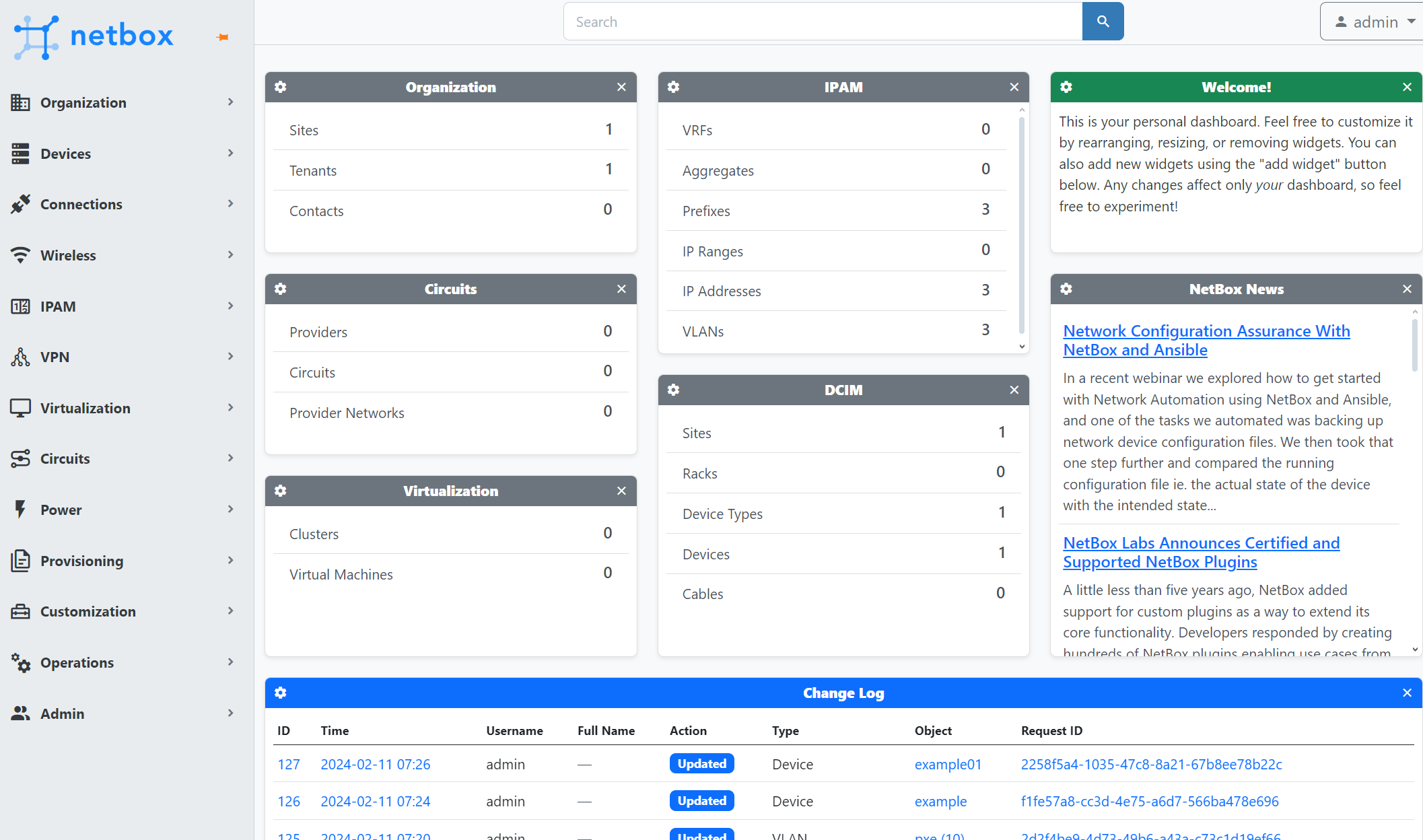 Стартовая страница NetBox