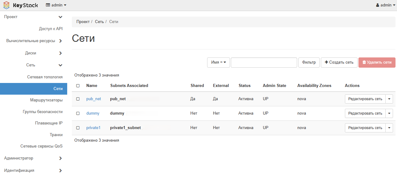 Список сетей проекта на портале самообслуживания