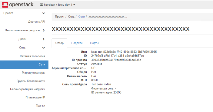 Отображение настроек виртуальной сети на портале самообслуживания