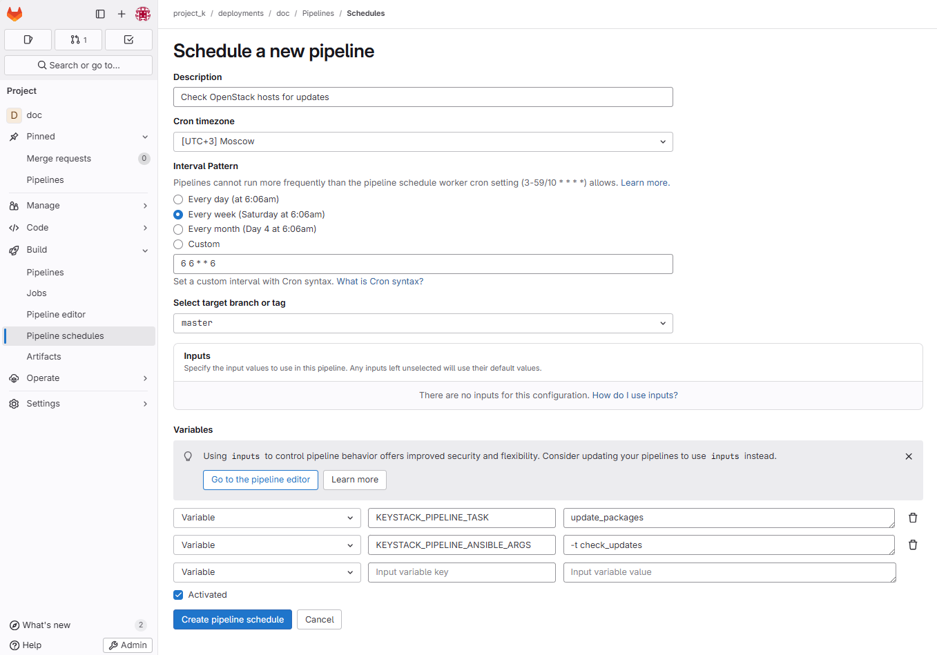 Создание расписания для проверки обновлений