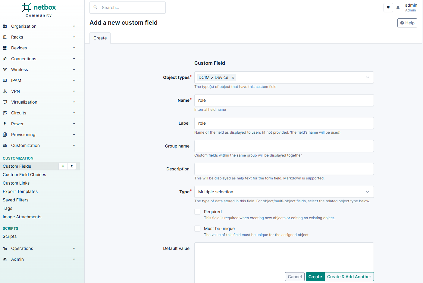 Добавление нового дополнительного поля в NetBox