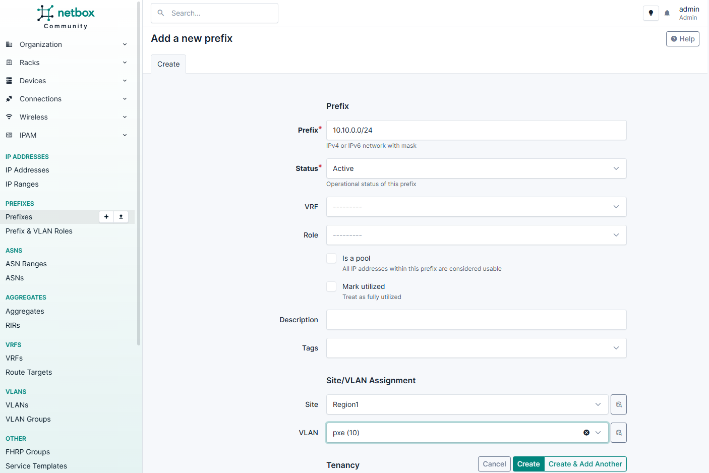 Добавление нового префикса в NetBox