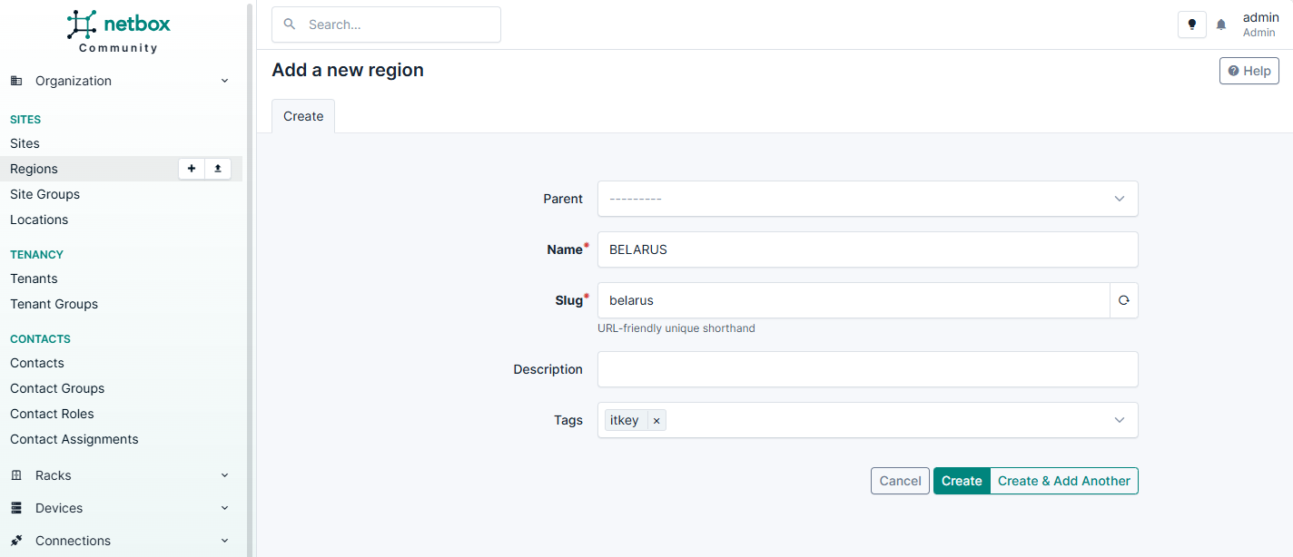 Добавление нового региона в NetBox