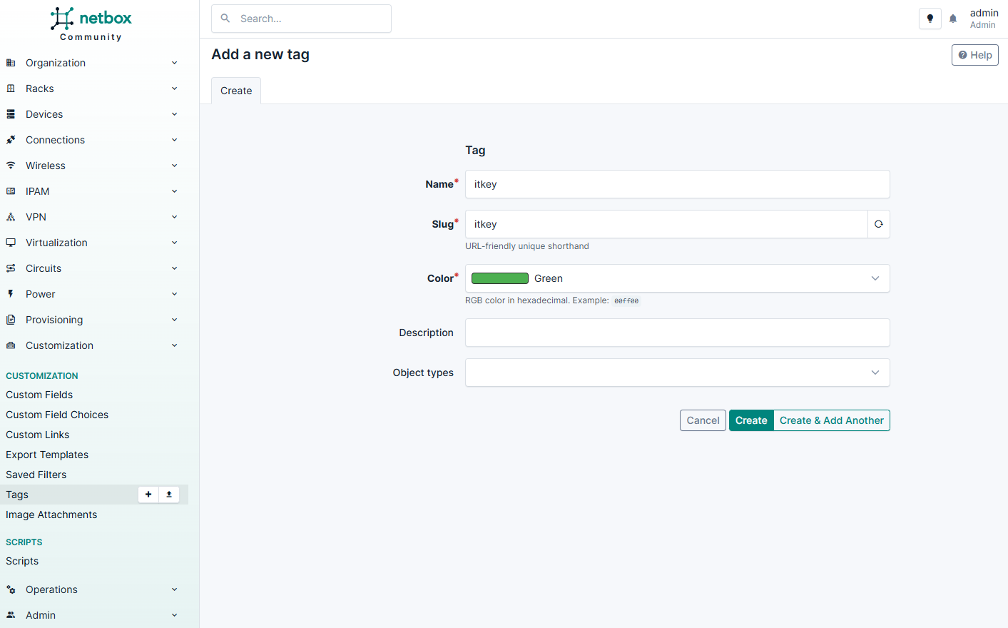 Добавление нового тега в NetBox