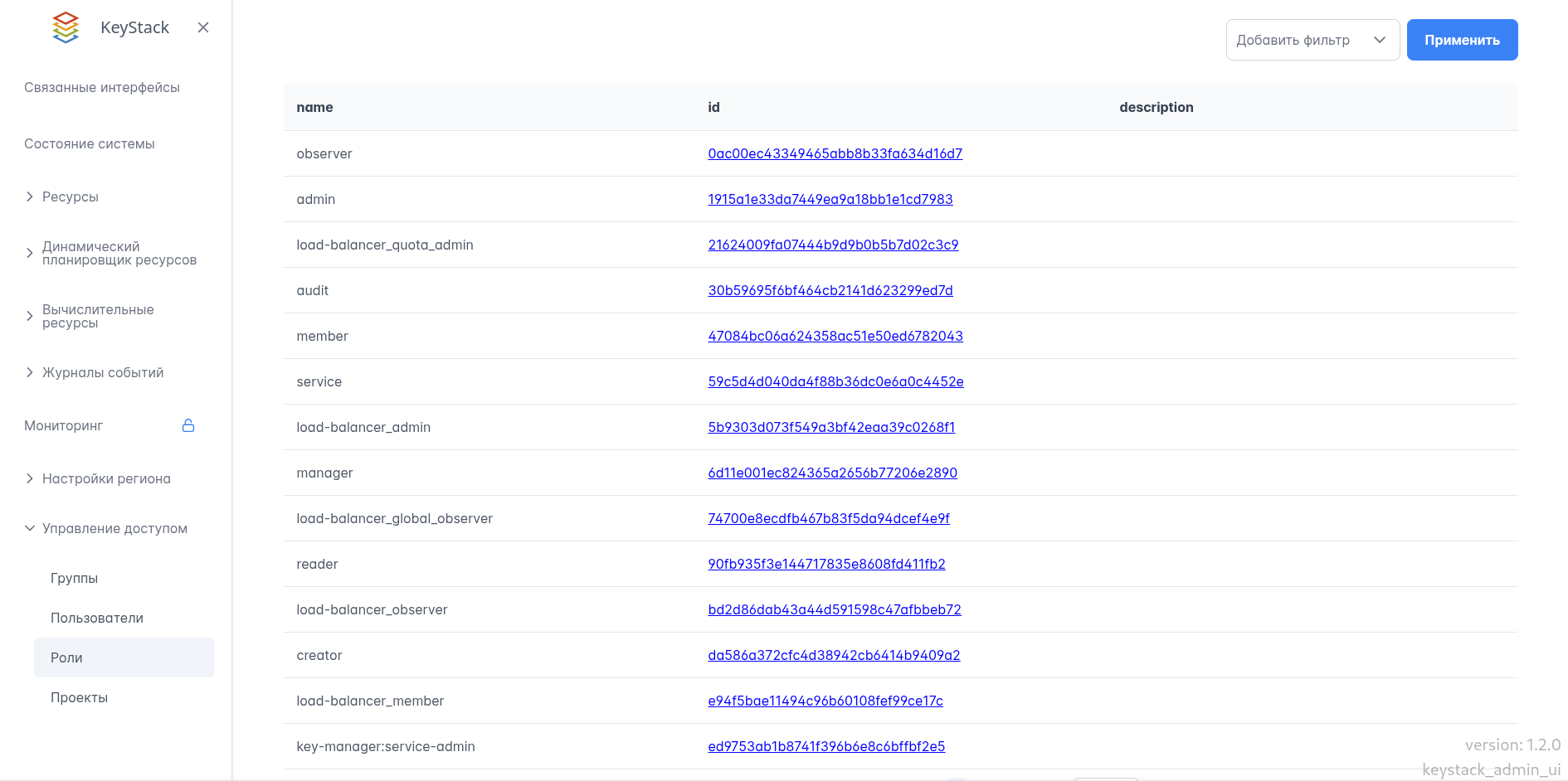 Таблица назначений ролей группам на проекты в Портале администратора