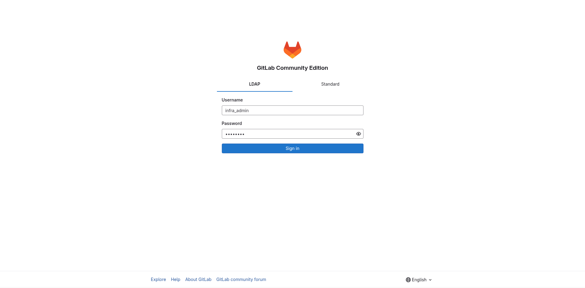 Форма входа в GitLab с вкладками LDAP и Standard