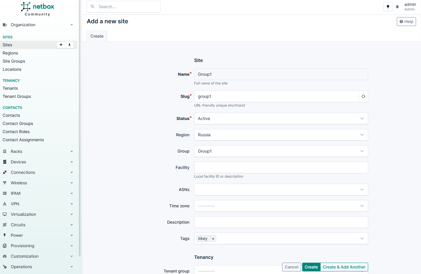 Добавление новой сайт-группы в NetBox