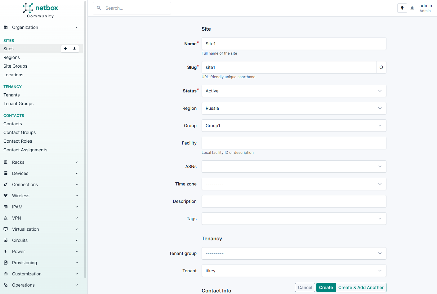 Добавление нового сайта в NetBox