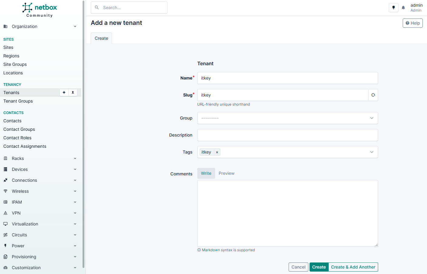 Добавление нового заказчика в NetBox