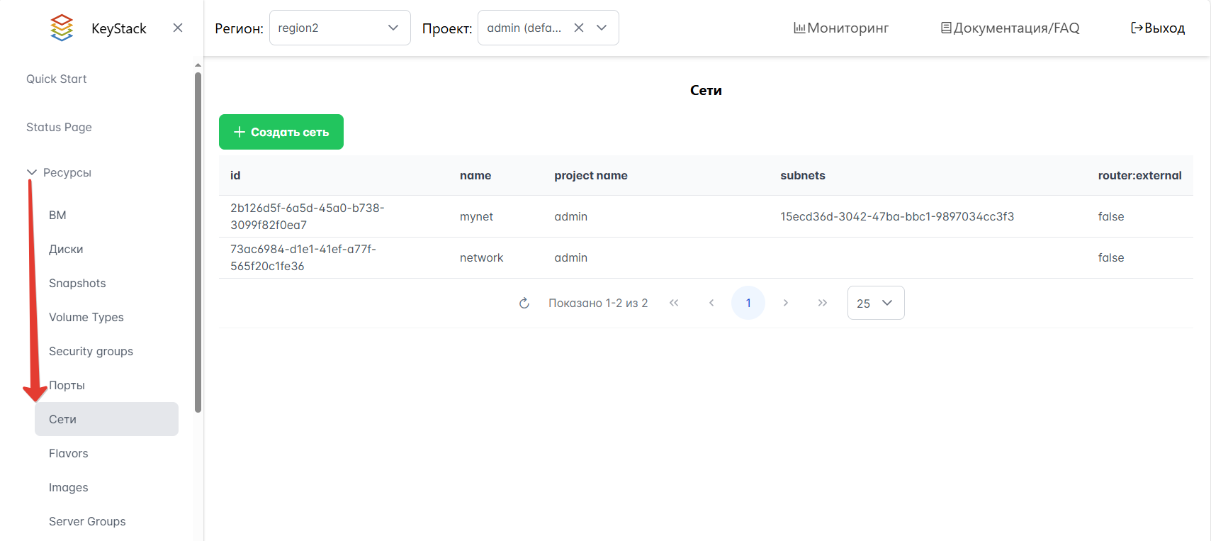 Список сетей на Портале администратора